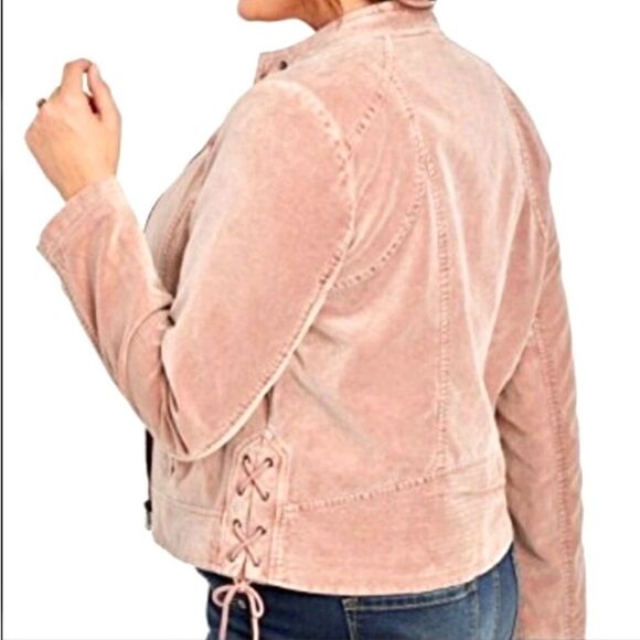 Maurice's Tan Beige Velvet Moto Bomber Jacket Laced Sides Full Zip Size Small - Picture 4 of 9